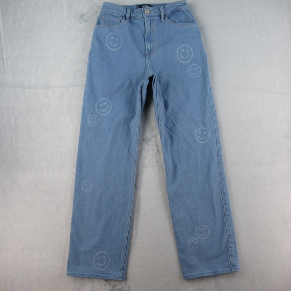 Hollister Ultra High-Rise Dad Jean 4R W27 Light Wash Smiley Face Graphic‎ Blue